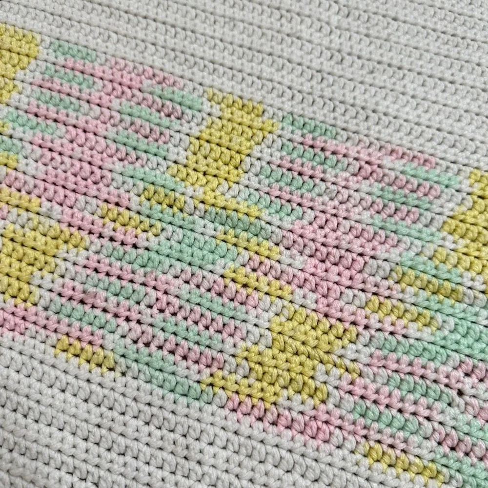 Handmade Crochet Baby Blanket Pink Cream Yellow Pastel‎ Striped Throw 33X26